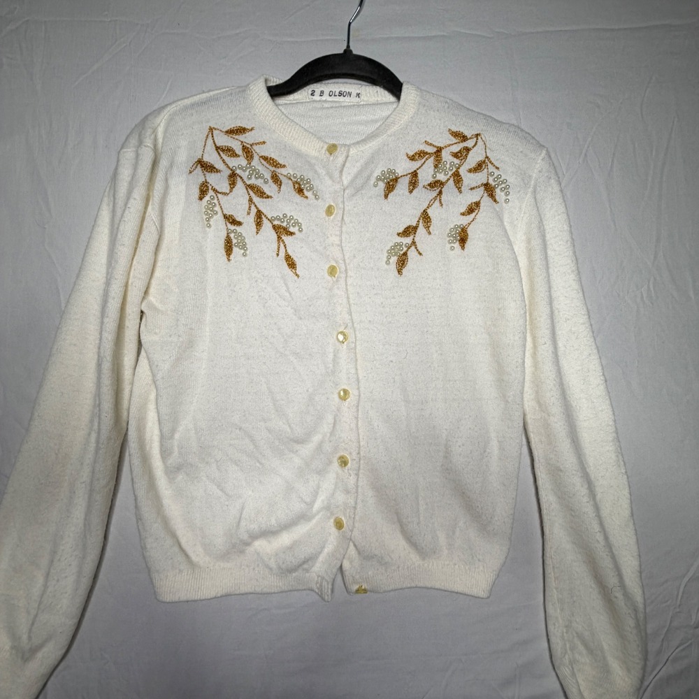 Vintage 2 B Olson K White Pearl Beaded Floral Cardigan Sweater Women's 80's